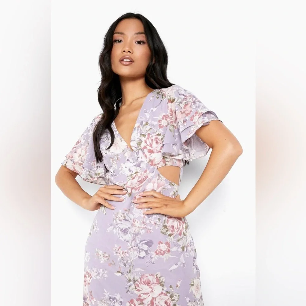 Floral Lavender Maxi Print Angel Sleeve Long Cut Out Open Back Dress - Picture 4 of 7